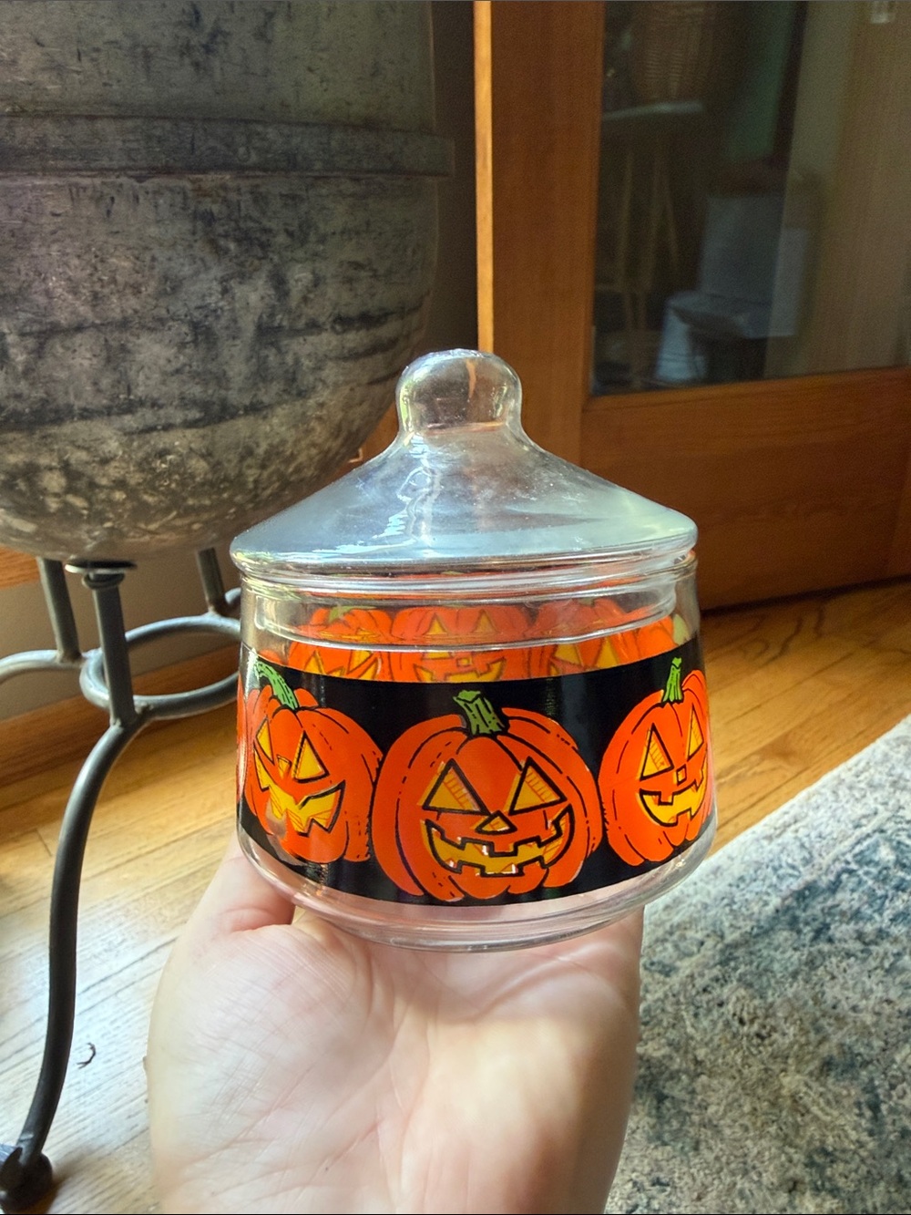 Vintage Halloween Jar Indiana Glass Candy Snack Pumpkin Dish w/lid Jack Lantern